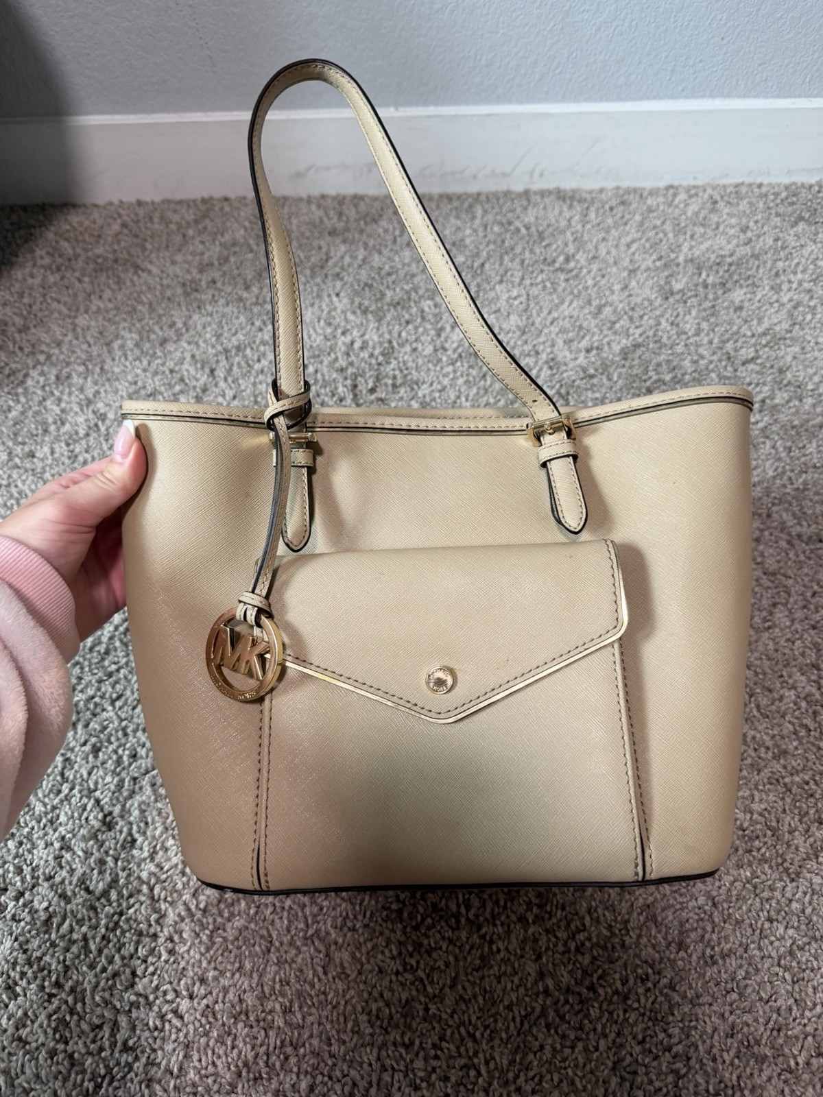 Michael Kors Beige Medium Tote Zip Shoulder Bag Logo Charm Gold Hardware