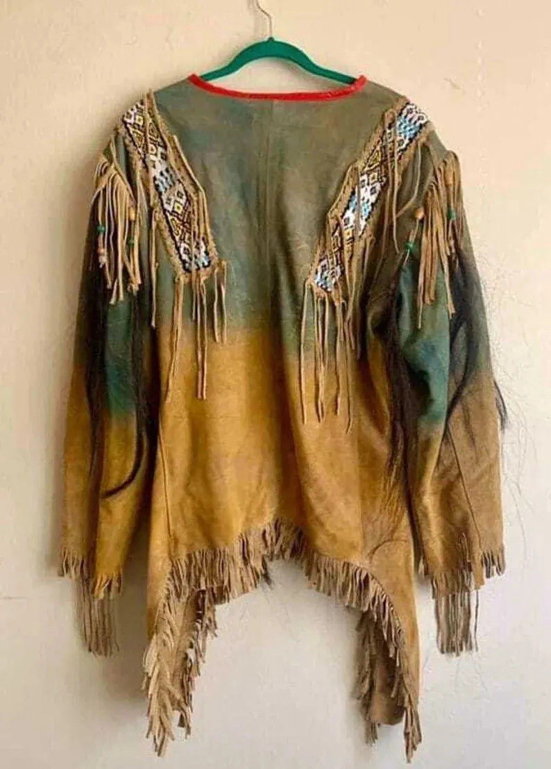 Men Native Americans Western Style Suede Leather Warrior Shirt Fringes & Beaded