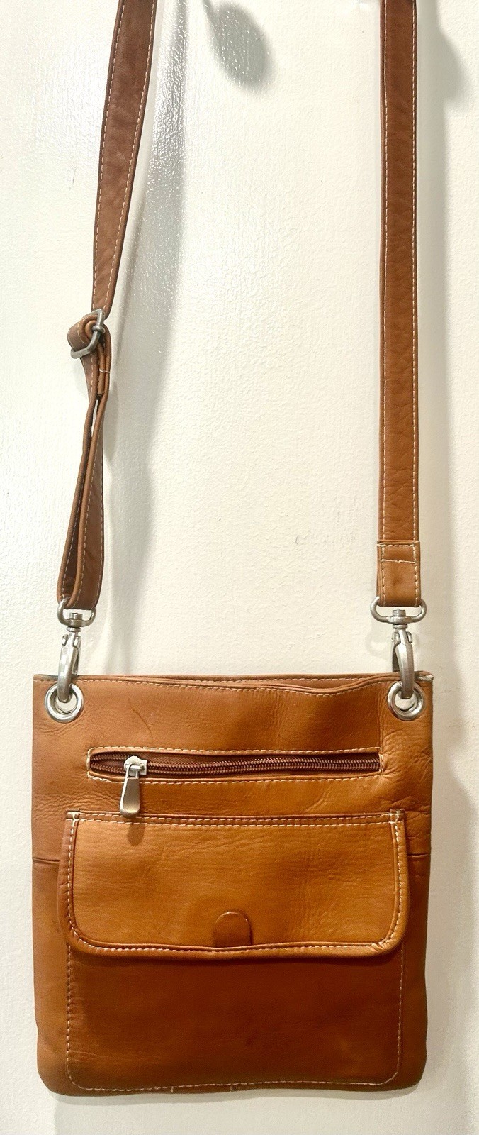 Le Donne Leather Simple Flap Over Crossbody Cognac Bag, Adjustable Strap