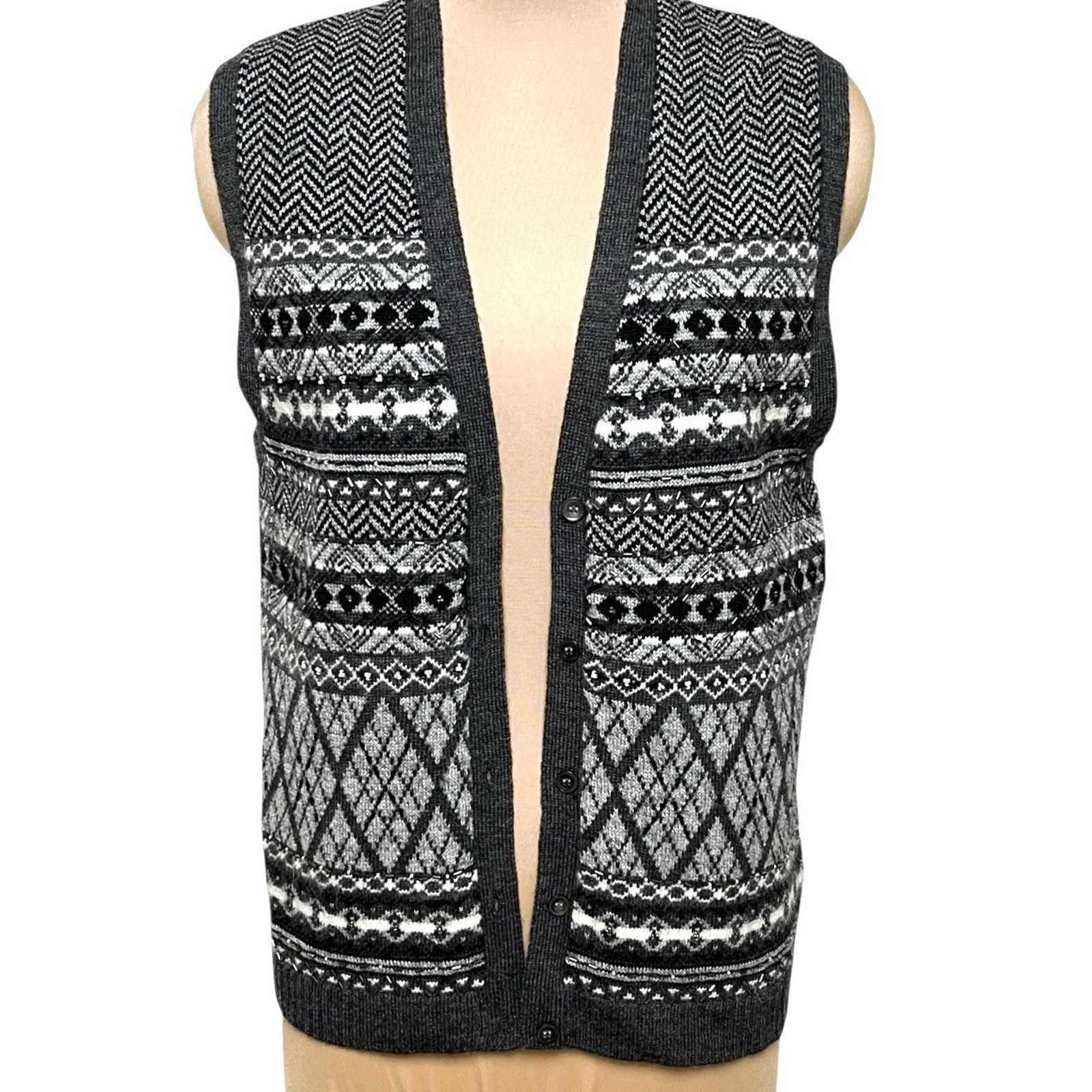 JH Collectibles Sweater Vest Fair Isle Womens Large Gray Wool Blend Beaded Vtg