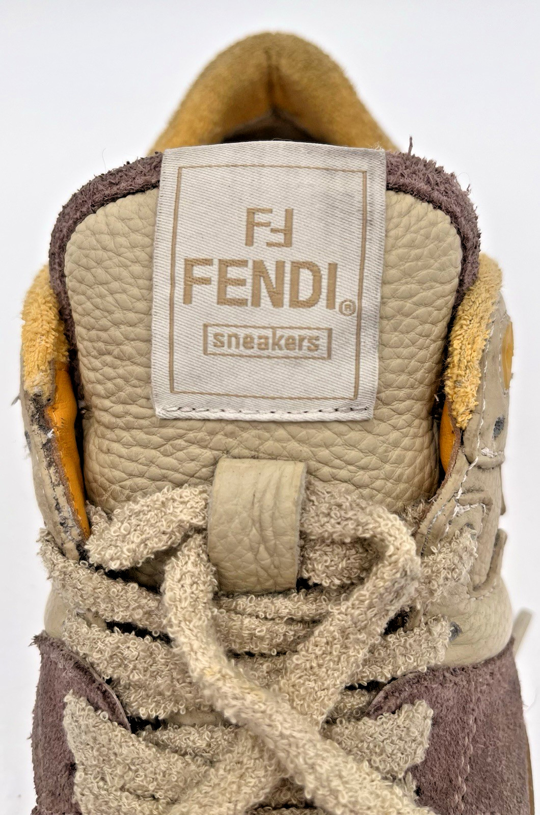 Fendi Match Low Top Bicolor Yellow/Beige Suede Leather FF Logo Sneakers Womens 8