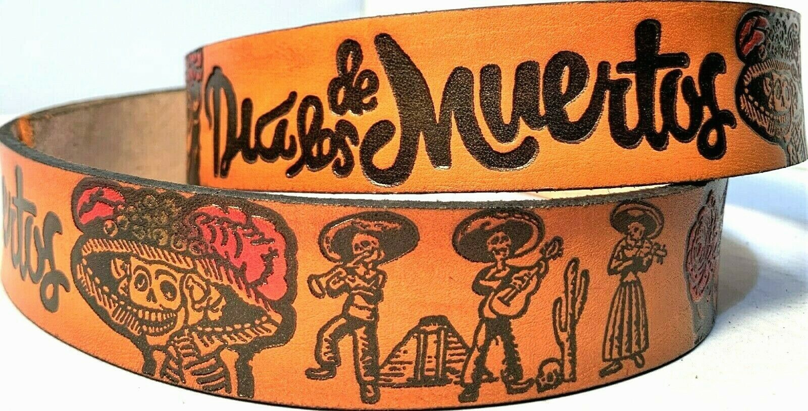 DAY OF THE DEAD SKULL EMBOSSED GENUINE COWHIDE LEATHER BELT SIZE 26-48 USA MADE
