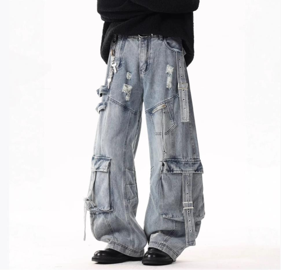 Mens Blue Denim Jeans Straight Wide Leg Casual Punk Hip Hop Pants Ripped Pockets
