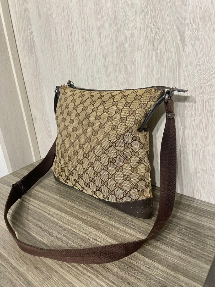GUCCI shoulder bag GG pattern canvas beige leather punching crossbody