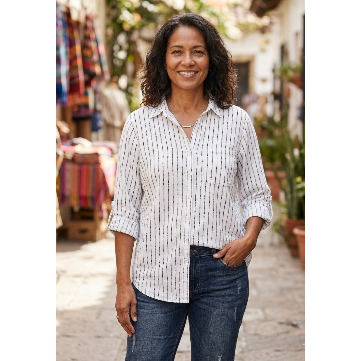 Velvet Heart Los Angeles White Black Dotted Stripe Button Down Shirt 1X Rayon
