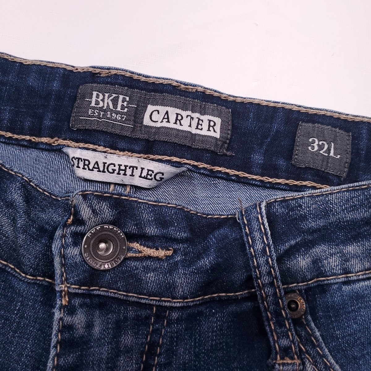 Buckle BKE Carter 32L Mens Jeans Blue 32×33 Straight Leg Stretch Designer Denim