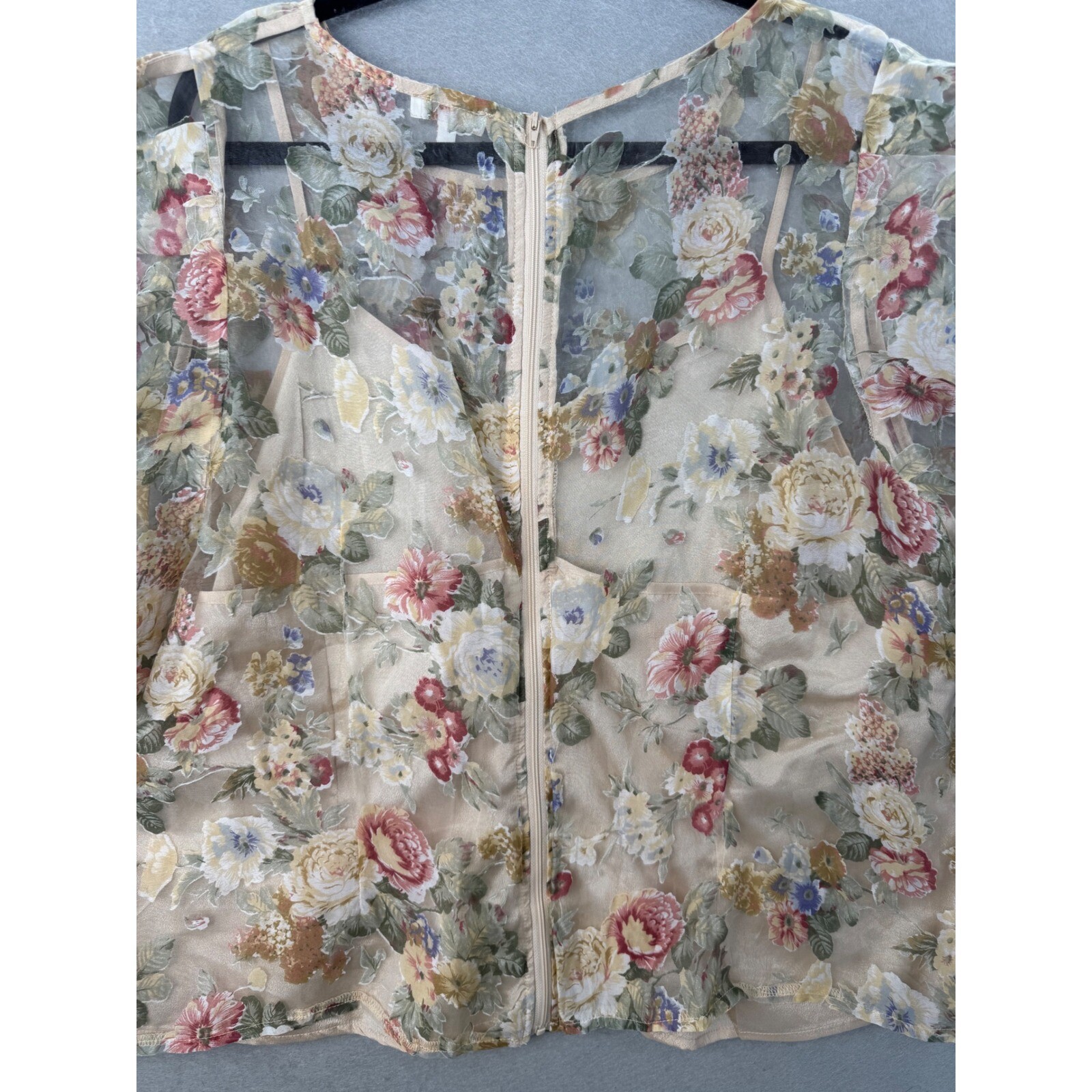 Peach Semi-sheer Floral Top Chiffon Zip Up Multicolored-3X