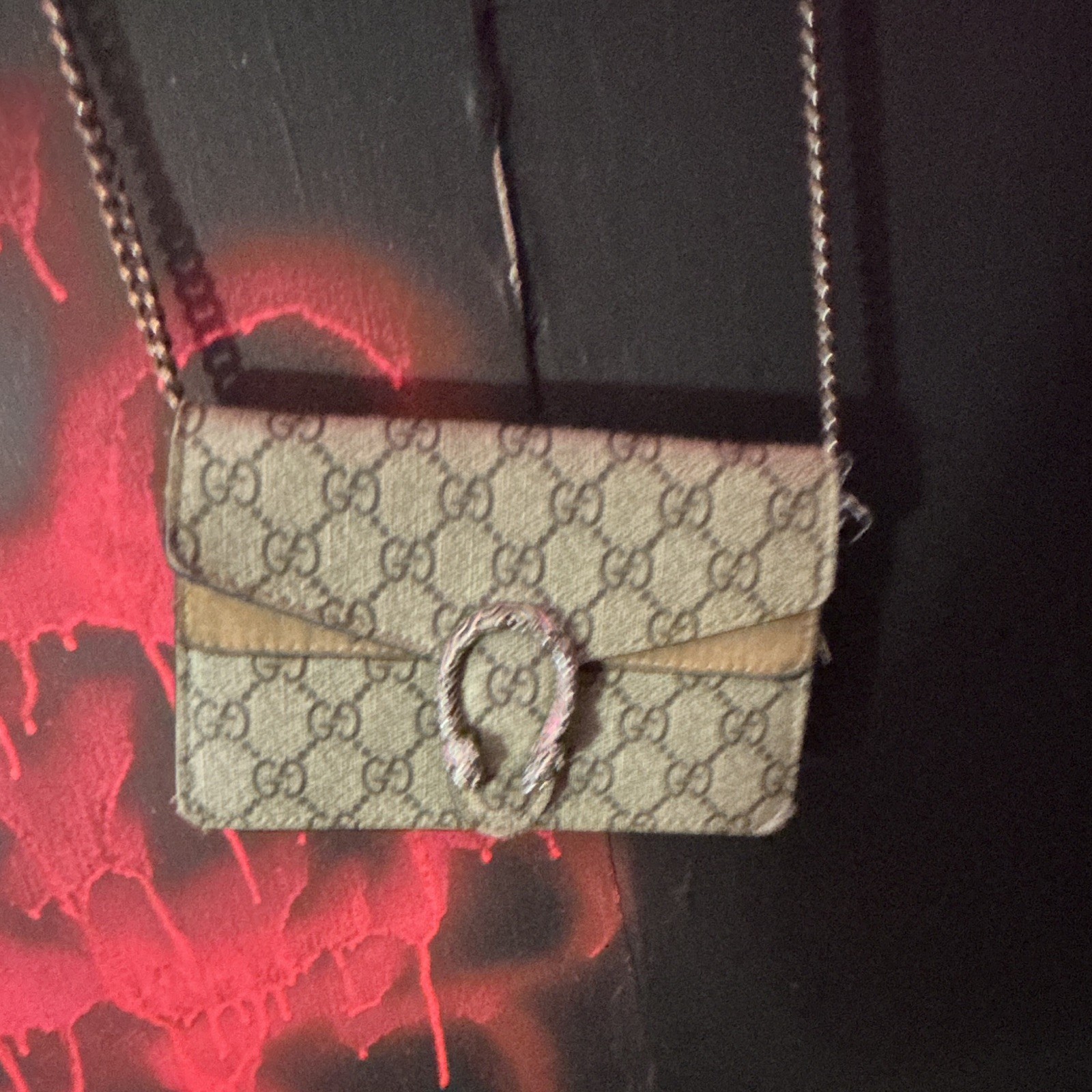 Gucci GG Monogram Chain Strap Shoulder Bag Purse, Beige/Brown