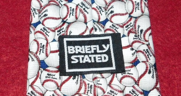 BRIEFLY STATED WHITE/RED/BLUE BASEBALL THEME POLYESTER TIE – DESIGNER TIES.