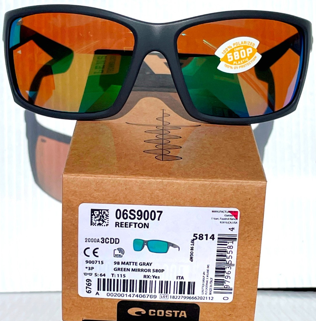 Costa Del Mar REEFTON 98 in Matte Gray w GREEN Mirrored 580P Sunglass 9007-15