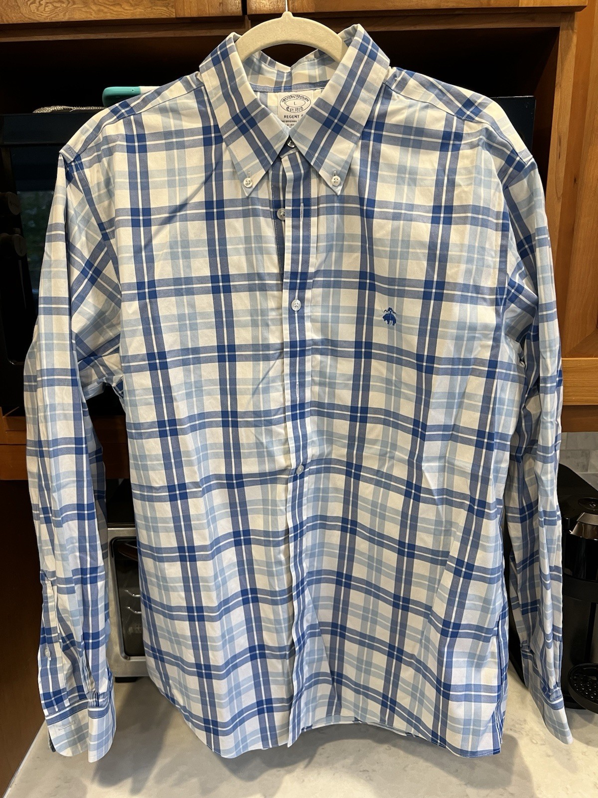 Brooks Brothers Regent Fit L Blue White Plaid Button-Down Long Sleeve Shirt
