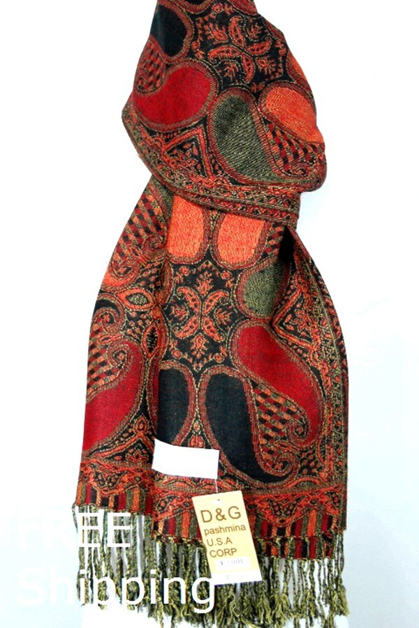 DG Pashmina Scarf Wrap Shawl,Paisley Red Black Green Silk Cashmere,Soft