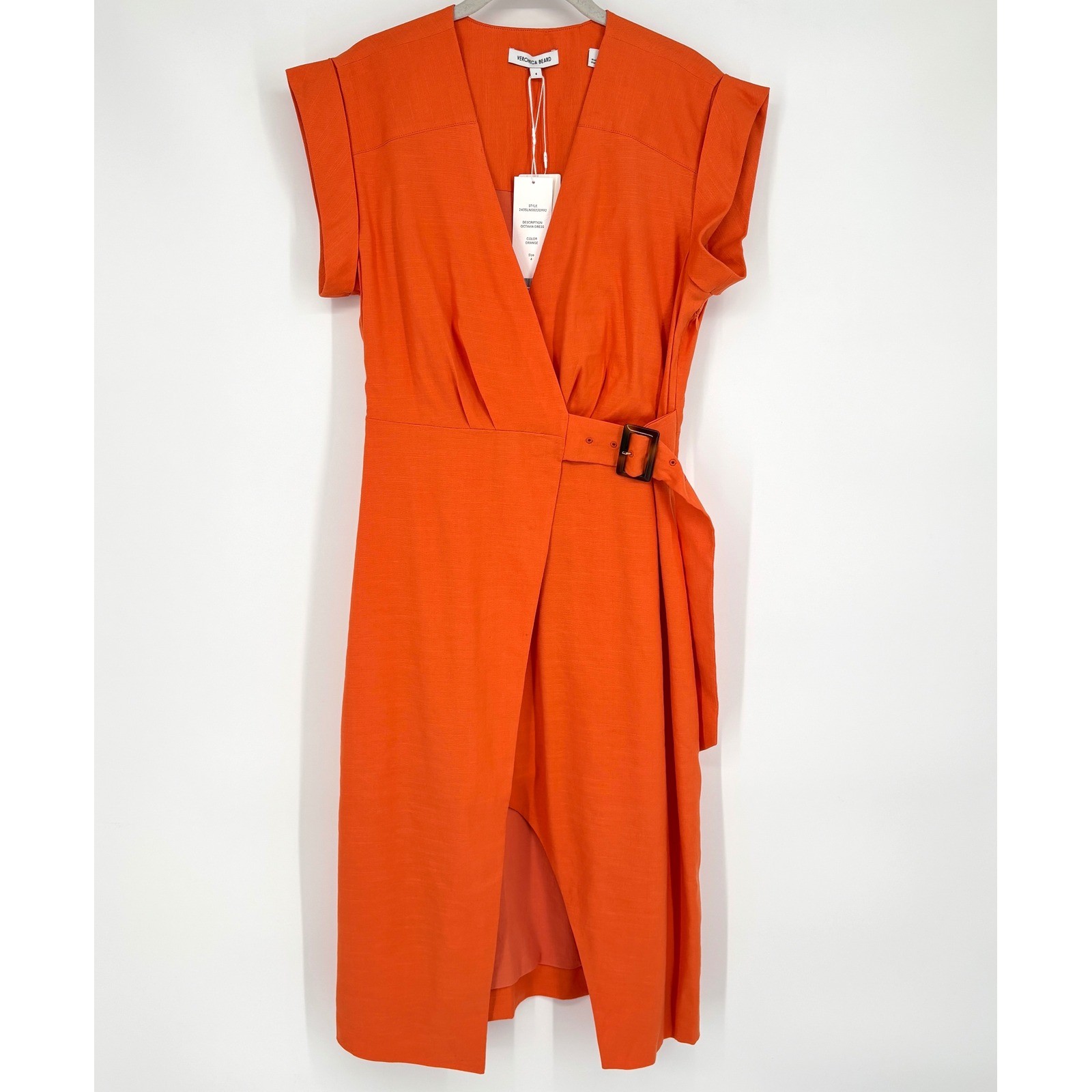NWT Veronica Beard Octavia Wrap Midi Dress Linen Blend Belted Short Sleeve 4