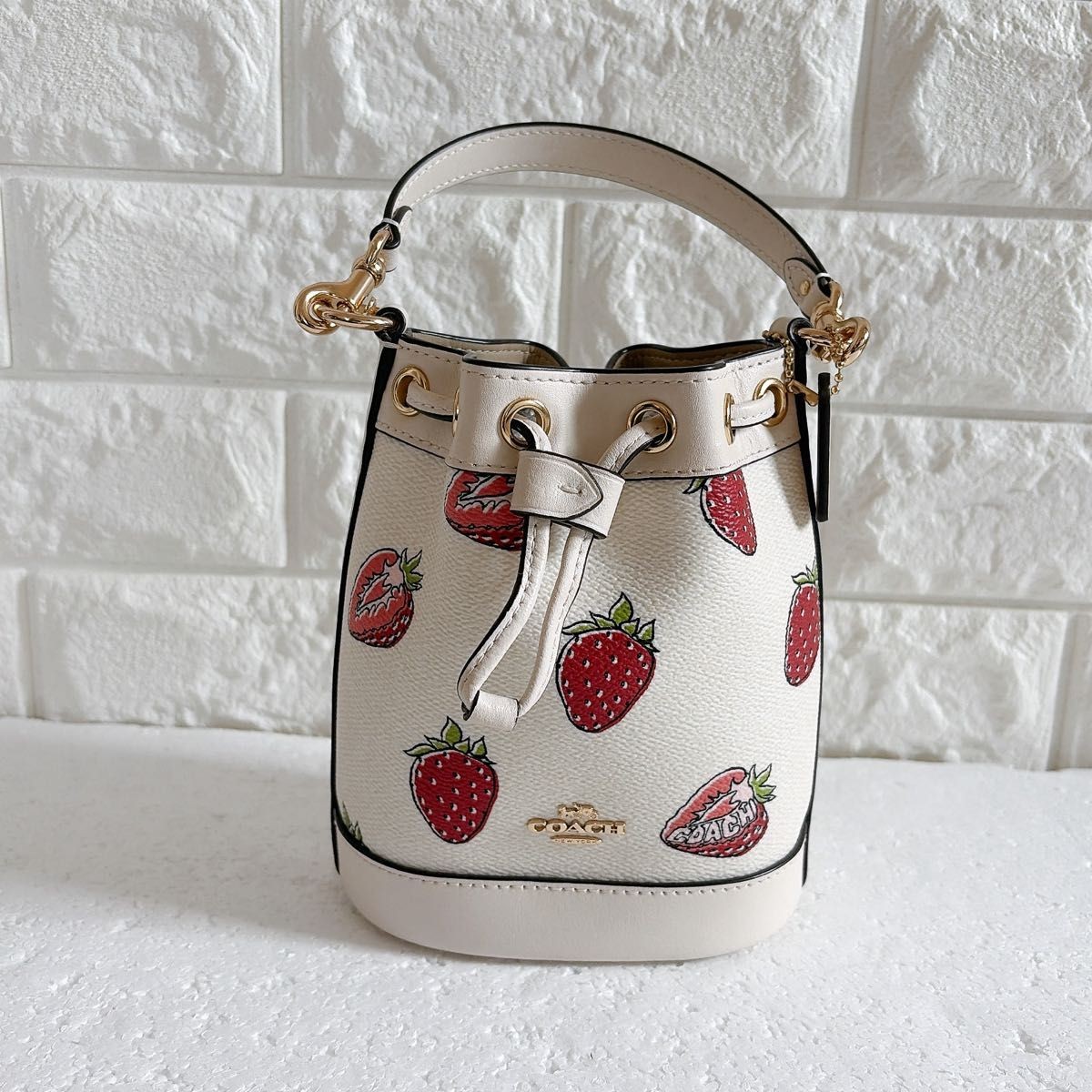 COACH CAL11 Mini Bucket Bag Strawberry Print Canvas Leather White/Red 14×16.5×9