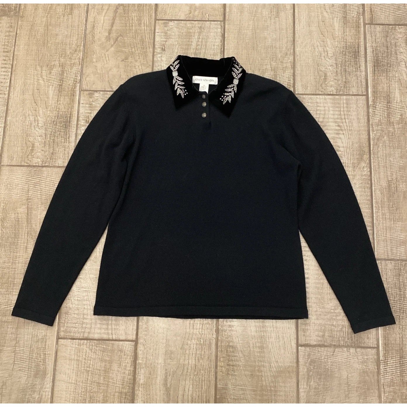 VTG Jones New York Sweater M Black Wool Silk Velvet Collar Regency Preppy Luxury