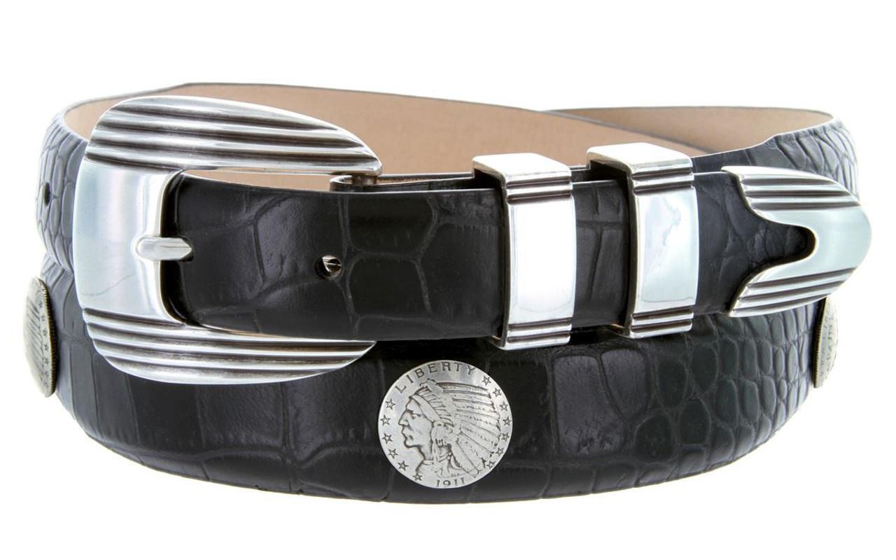 Men’s Belt Italian Calfskin Leather Belt with Indian Head Coin Conchos 1-1/8″