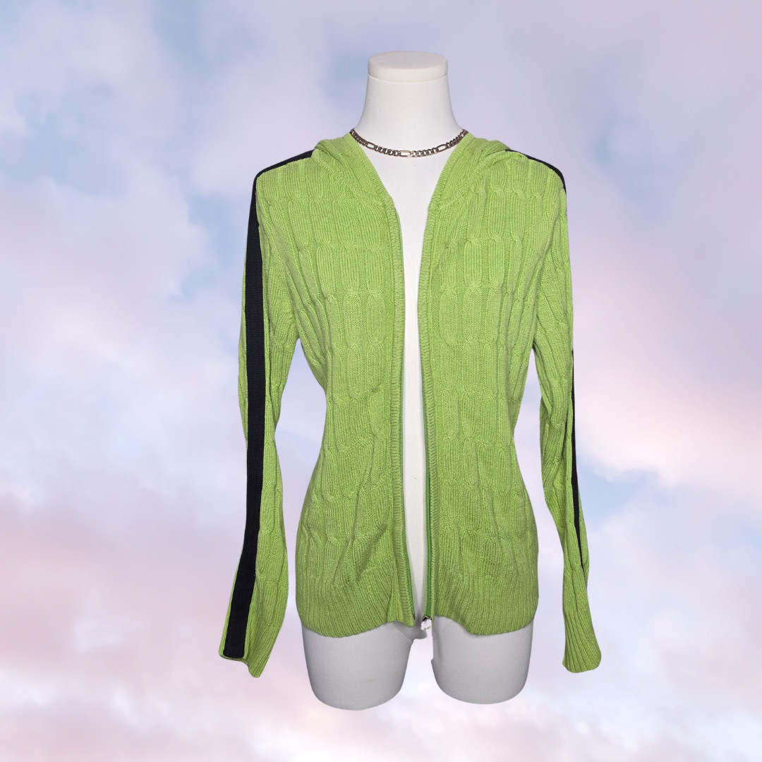 Vtg Y2k 90s INC Bright Green Black Stripe Ribbed Knit Zip Up Hooded Jacket Sz M