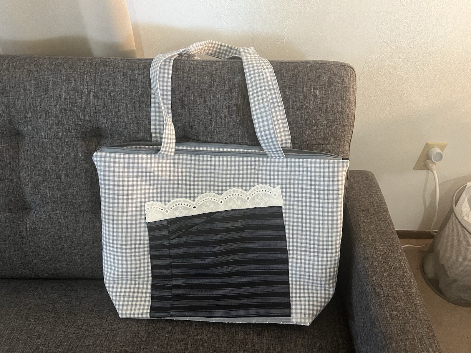 Gray/White/Black Gingham Tote Bag Lined Zip Closure Lace Accent Double Handles