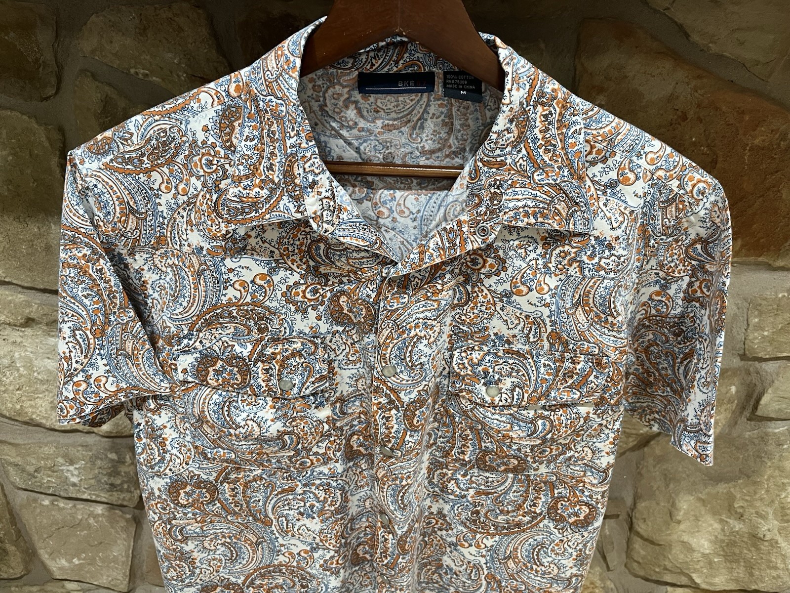 Buckle BKE 67 Pearl Snap Paisley Shirt Women Medium Blue & Orange 100% Cotton