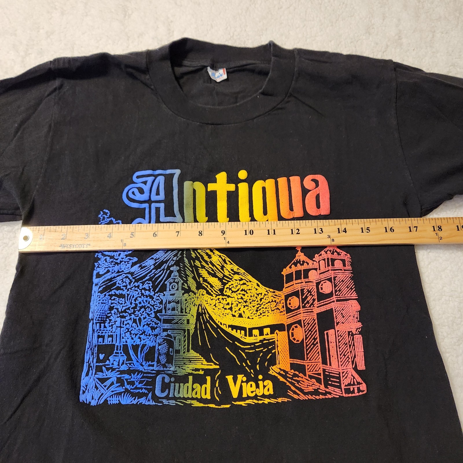 Vtg Single Stitch Antigua Guatemala Colorful Puff Print Graphic Black Tee Size L