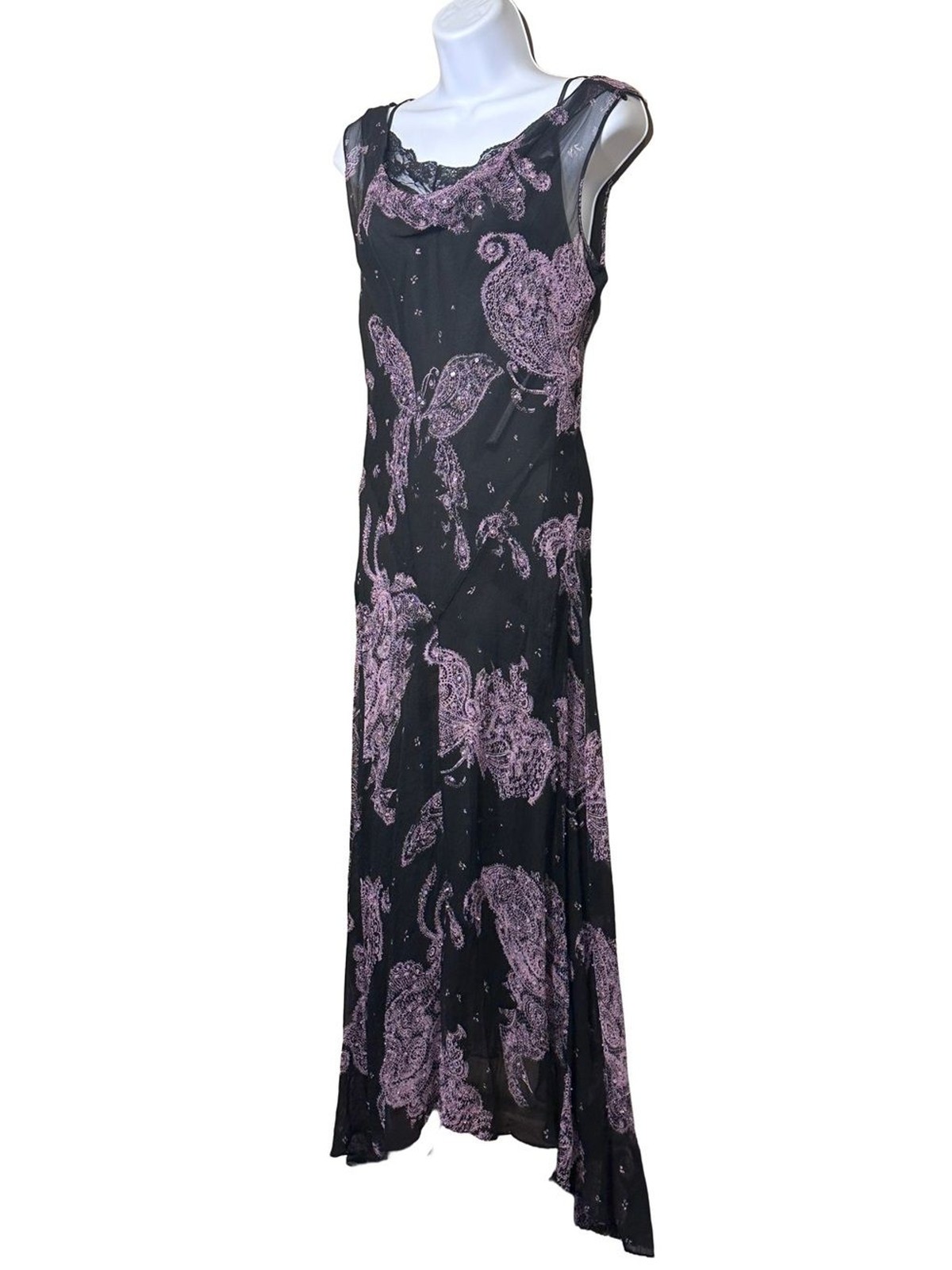Y2K Silk Sheer Overlay Butterfly Paisley Sequin Dress Cowl Neck Size 6