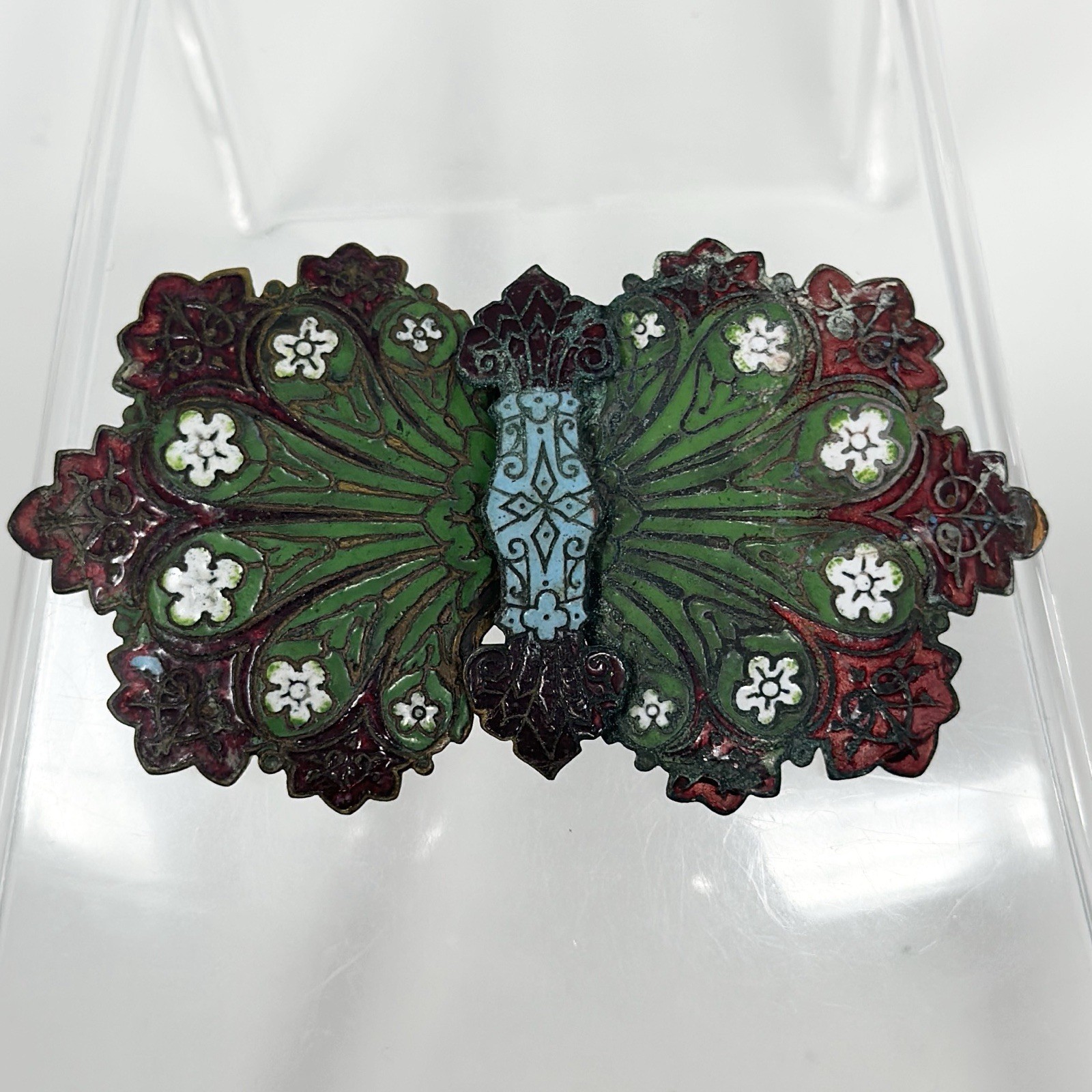Antique Art Nouveau Chinese Two Part Ginbari Cloisonné Enamel Brass Belt Buckle