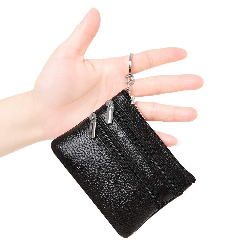 Black Leather Coin Purse Pouch with 3 Zipper Pockets for Cards and Cash