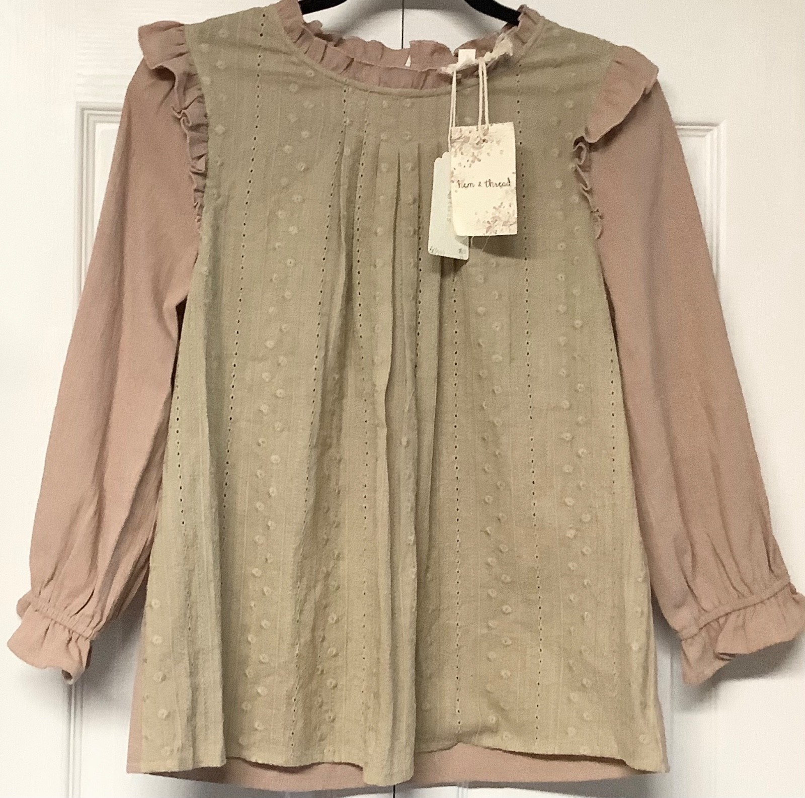 Hem & Thread Women’s Blouse SZ S Colors Milk Chocolate & Latte Eyelet Front NWT