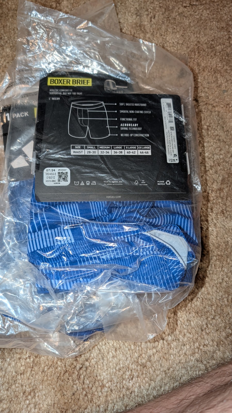 Adidas Mens XL (40-42) Microfiber Boxer Brief Quick Dry Fabric 1 Pack NEW
