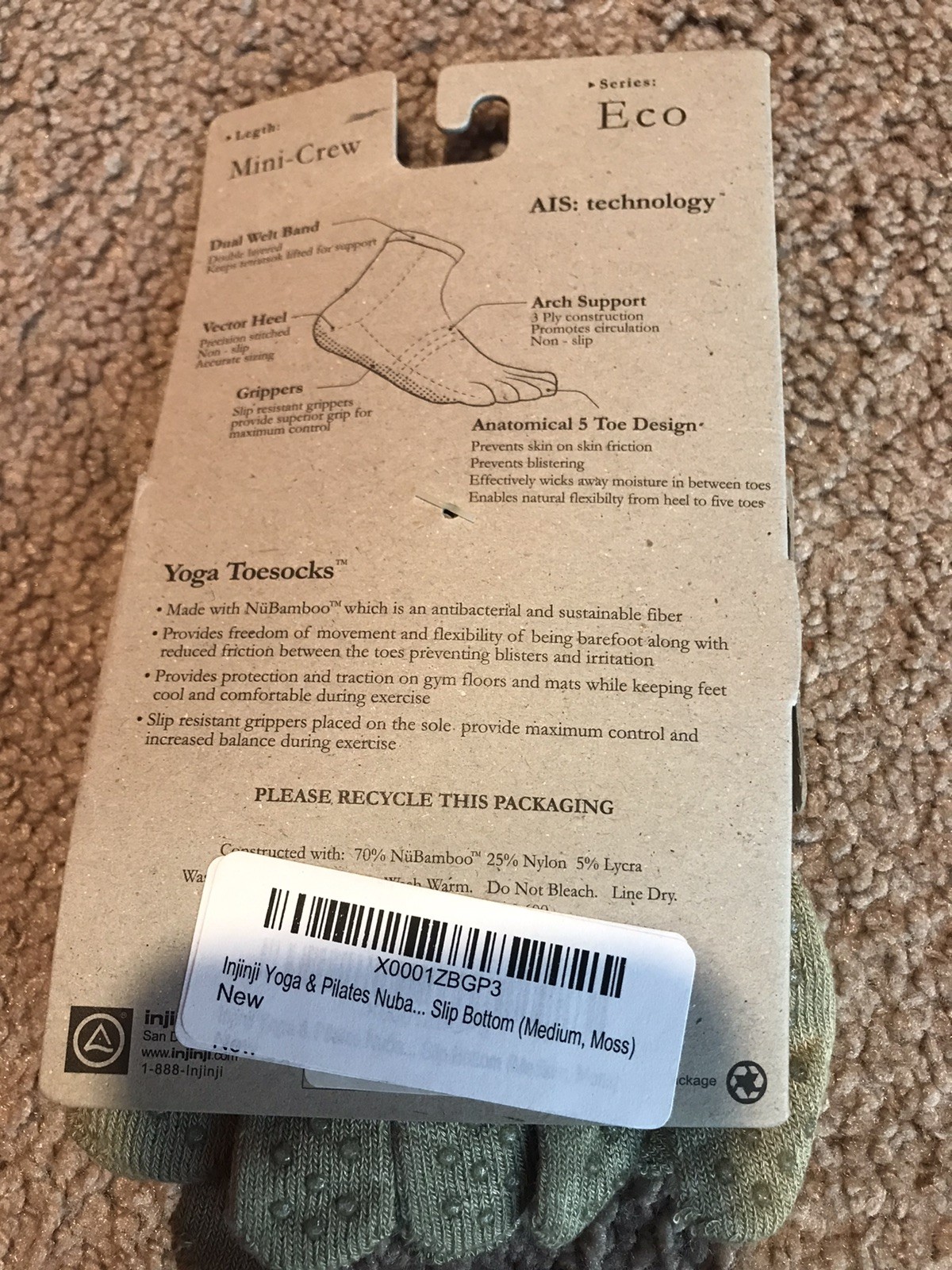 INJINJI Toe Socks Mini-Crew Medium NuBamboo Yoga M(8-10.5) W(9-11.5) Moss New