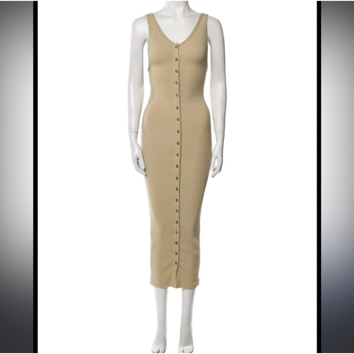 The Line By K Ribbed Button Down Bodycon Dress Stretch Cotton Beige Women Size S