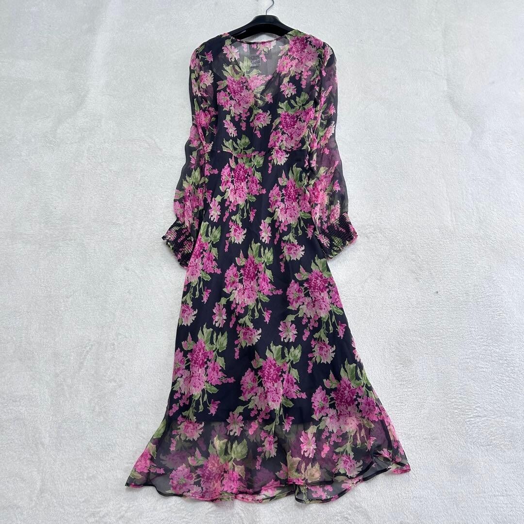 Max Mara Silk Floral Maxi Dress Ribbon Tie Black Pink Slip Auth