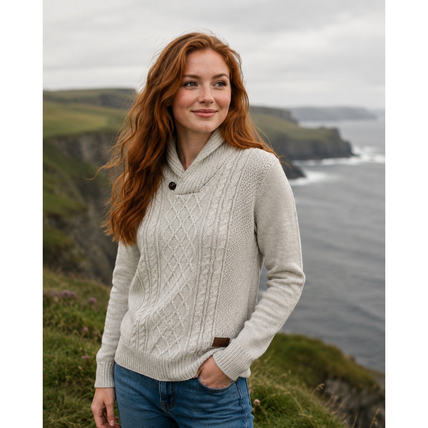 Emerald Isle Womens Wool Blend Cream Killarney Shawl Neck Cable Knit Sweater