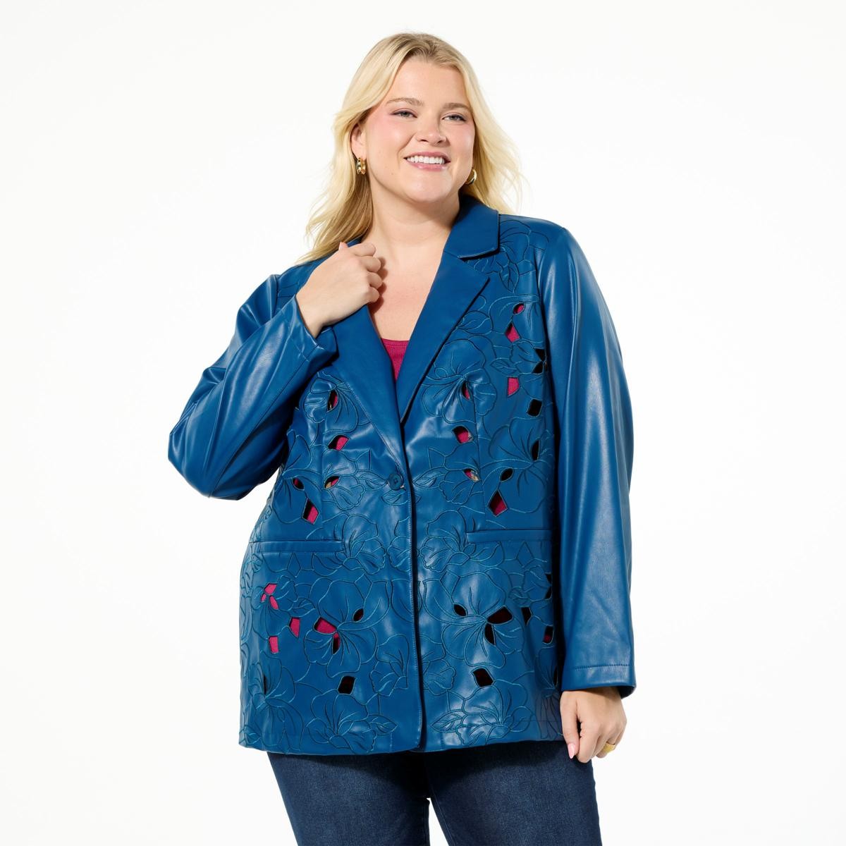 Colleen Lopez Collection Faux Leather Floral Cutout Jacket Lake Blue M New