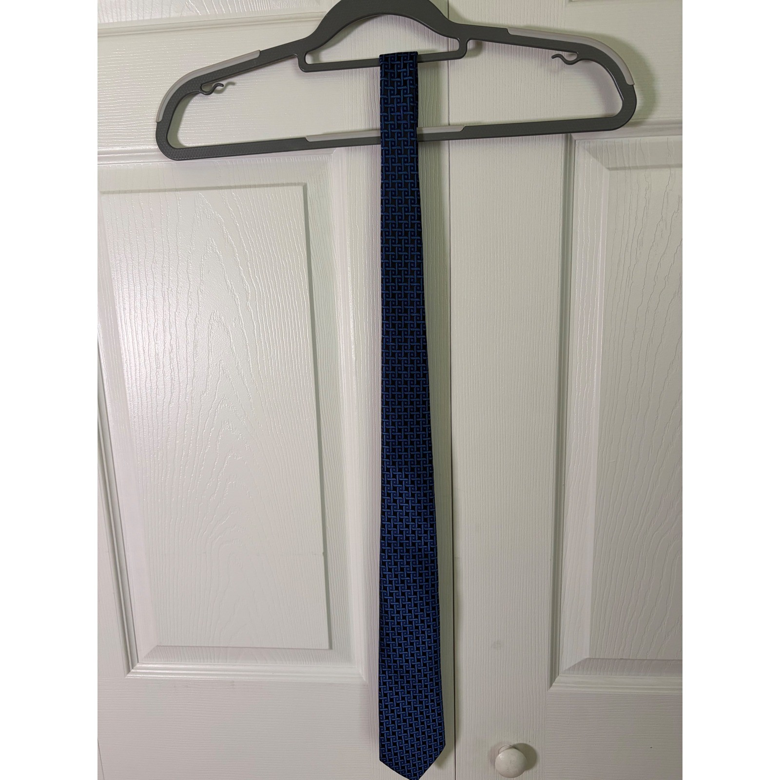 WeiShang Mens Blue Black Geometric Basketweave 100% Silk Hand Made Necktie