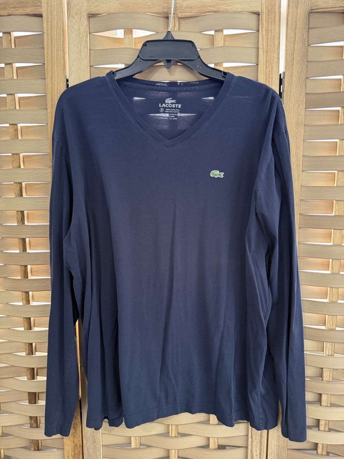 LACOSTE Size 8 Medium Vneck Pima Cotton Navy Blue Logo Patch Long Sleeve TShirt