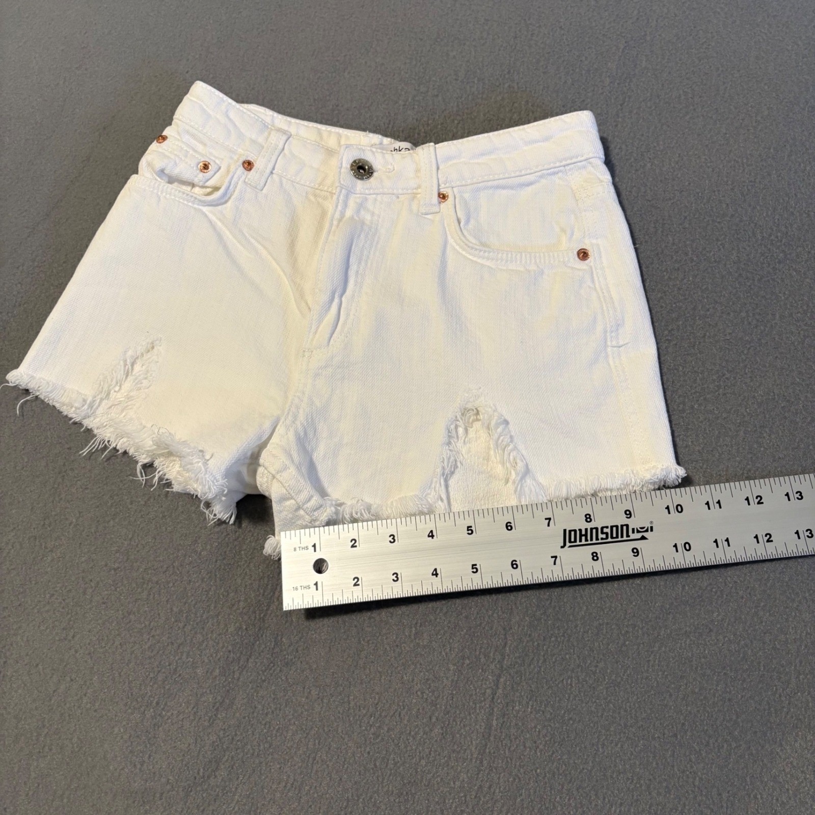 Bershka Denim Shorts Womens 00 White Distressed Frayed Raw Hem Medium Rise
