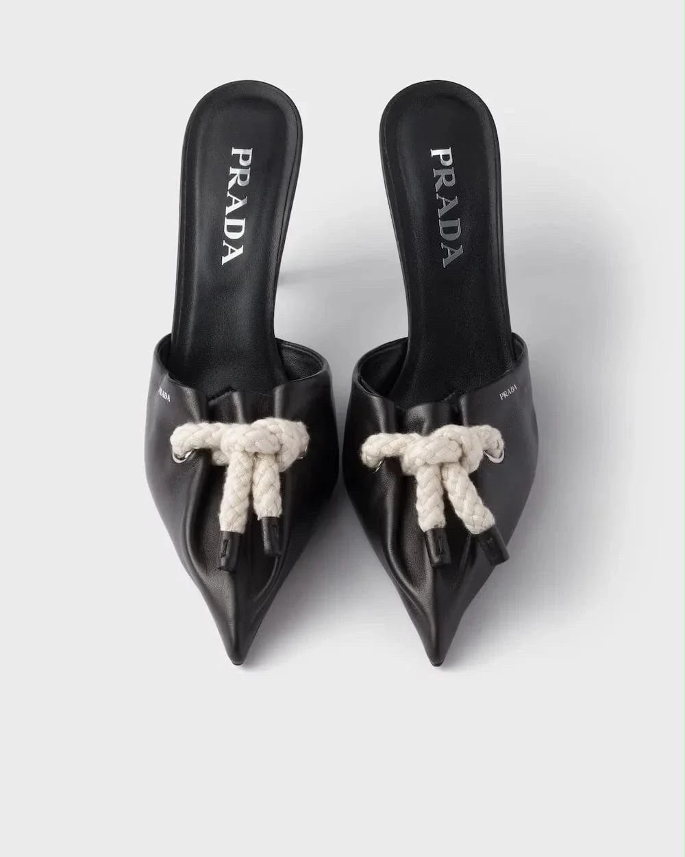PRADA Nappa Leather Cord-Detail Heeled Mules Black Retail-1250 NEW WITH BOX