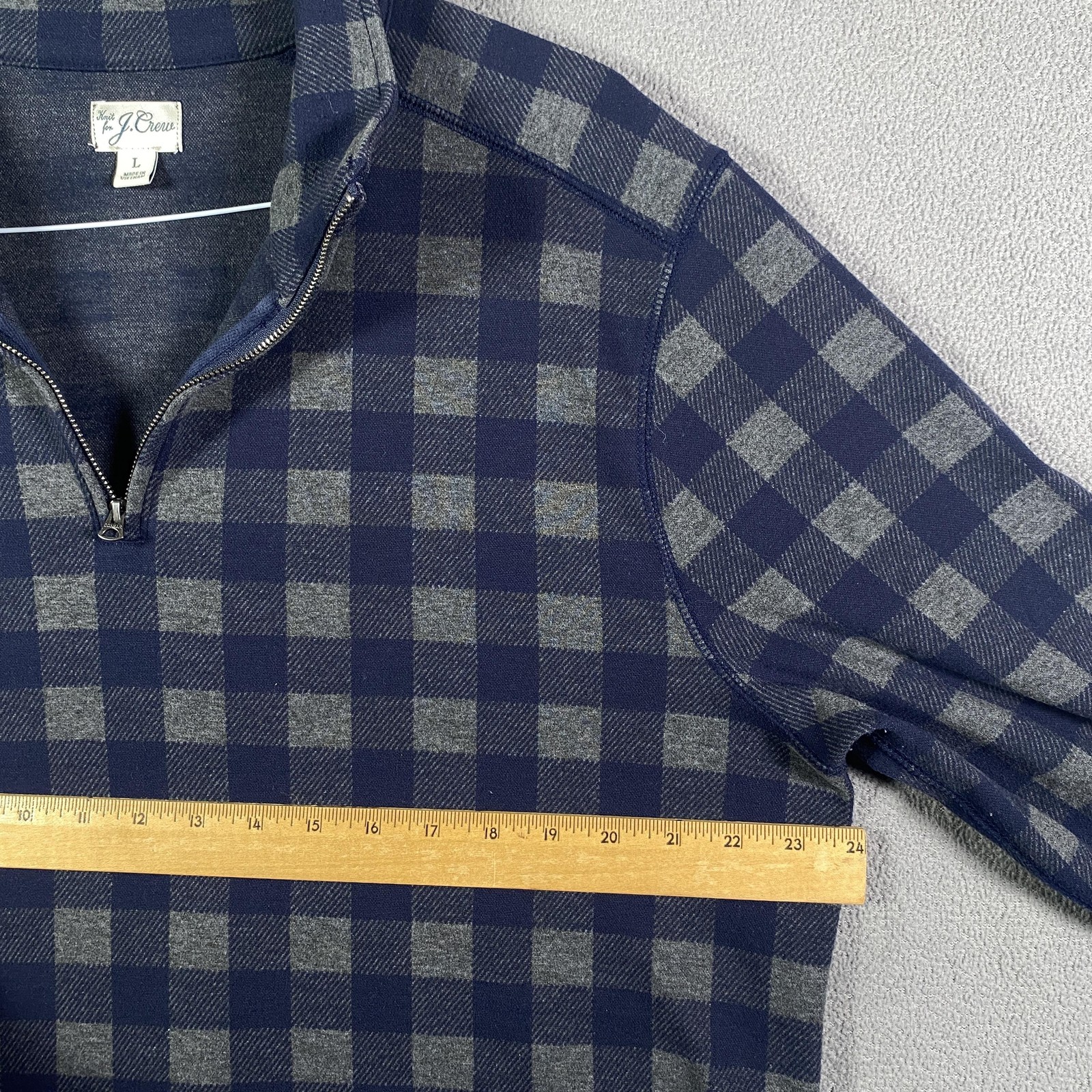 J Crew Sweater Mens Large Blue Gray Plaid 1/4 Zip Mock Neck Knit Pullover