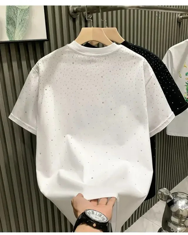 Summer Men Clothing Summer Rhinestone Rivet T-shirt Round Neck Casual T-shirt