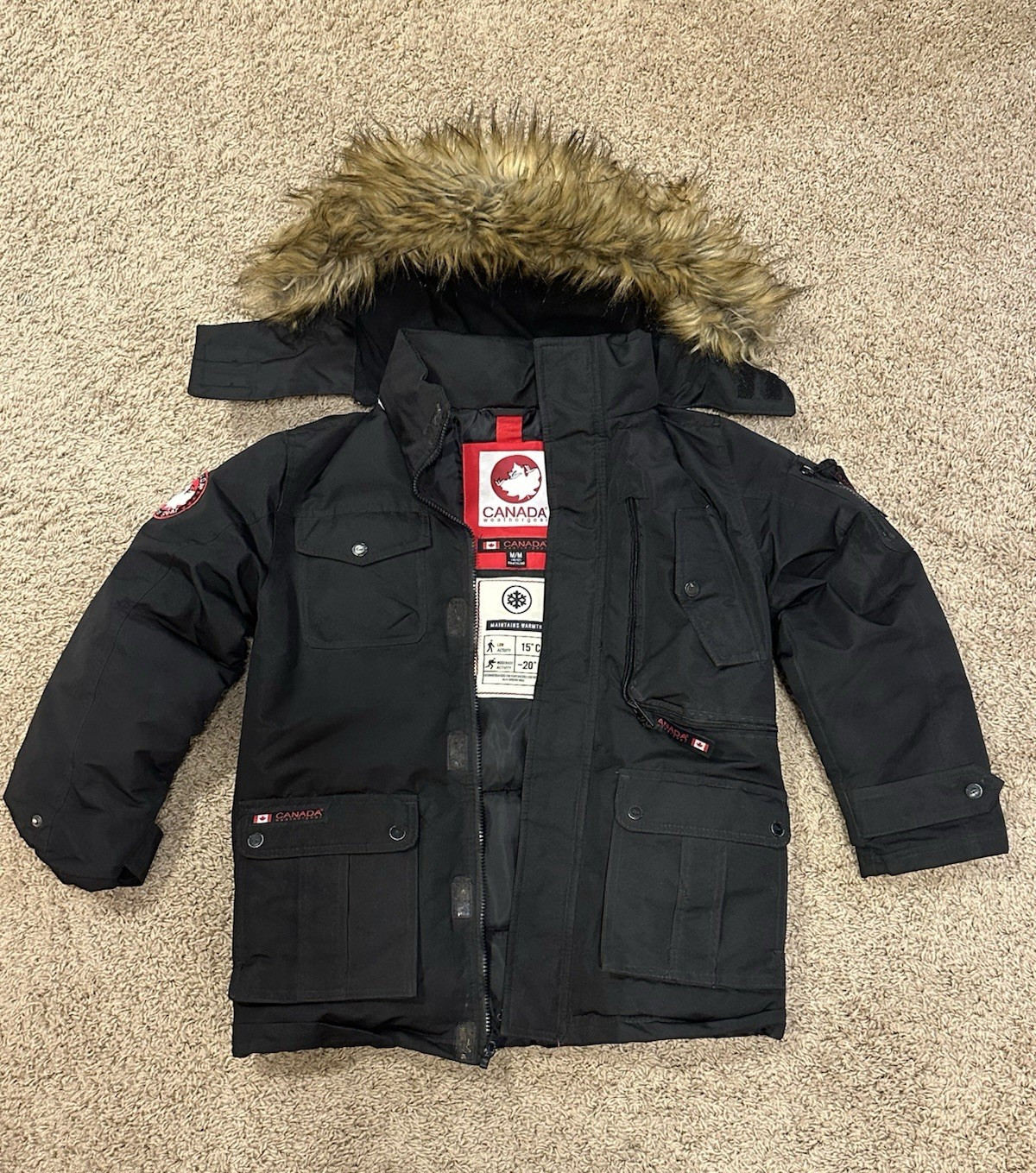 Canada Weathergear Men’s Hooded Parka Jacket Black Fur Trim Full Zip Stand M