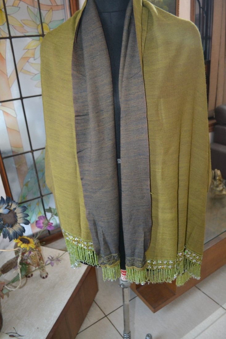 moss/ navy reversible SEQUINS BEADS ON TASSELS PASHMINA SHAWL 100% CASHMERE