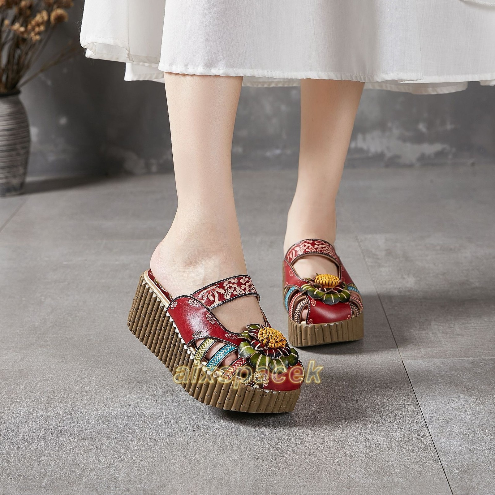 Ladies Ethnic Thick-soled Cowhide Leather Sandals Women Handmade Home Slippers