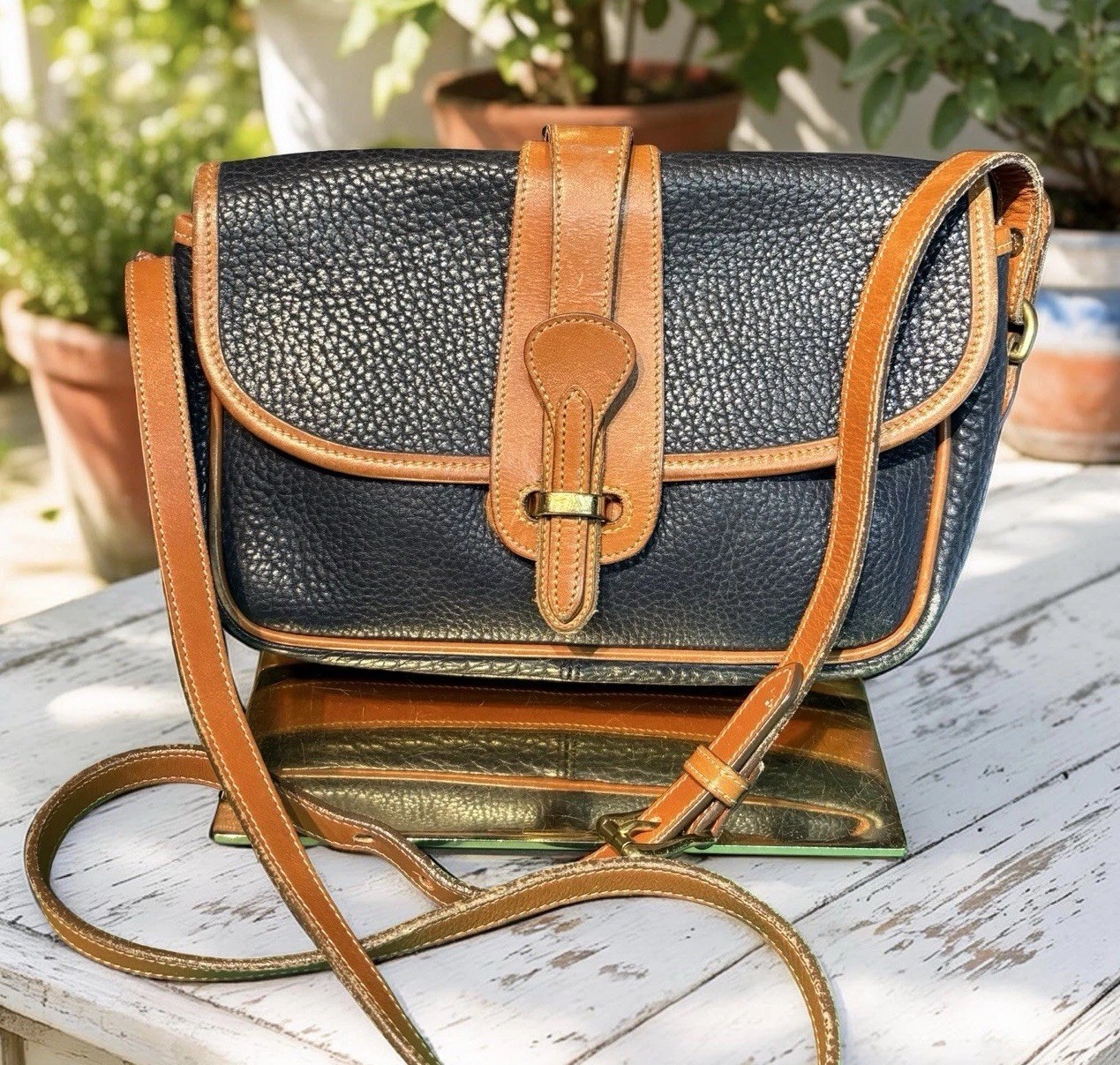 Dooney Bourke Navy Blue Vintage Flap Equestrian Tack Bag All Weather Leather