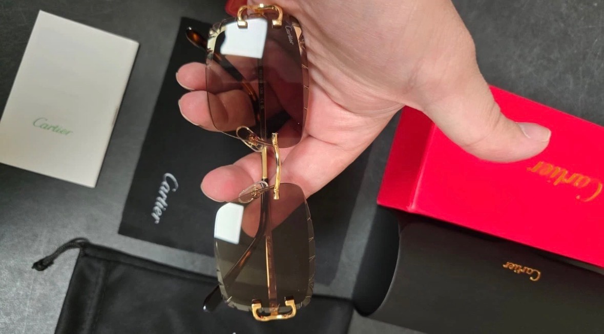 Cartier C Wire Diamond cut Gradient Brown Men’s Sunglasses Golden frame