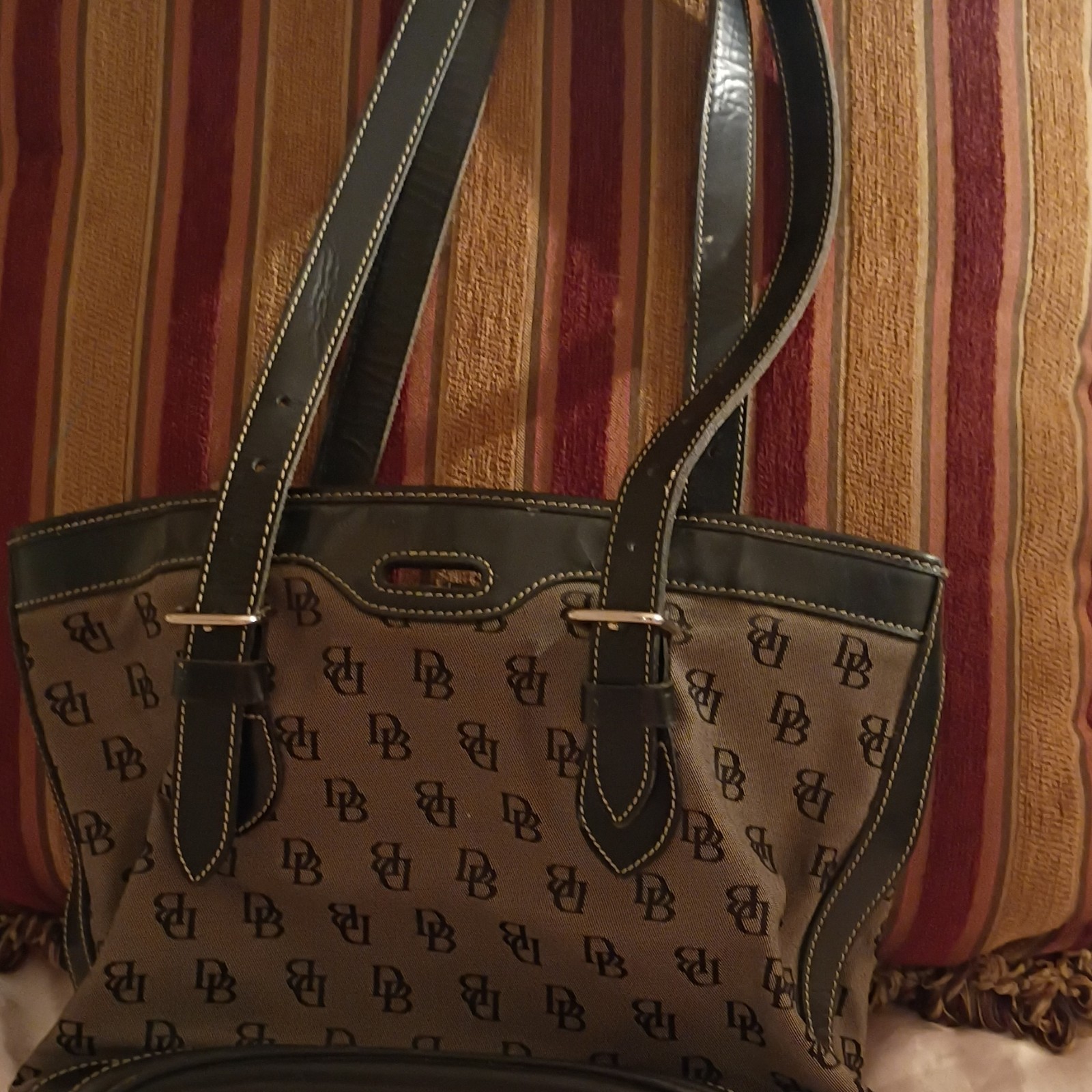 Dooney & Bourke Monogram Tote Brown/Black Double Handles Gold Hardware Pouch