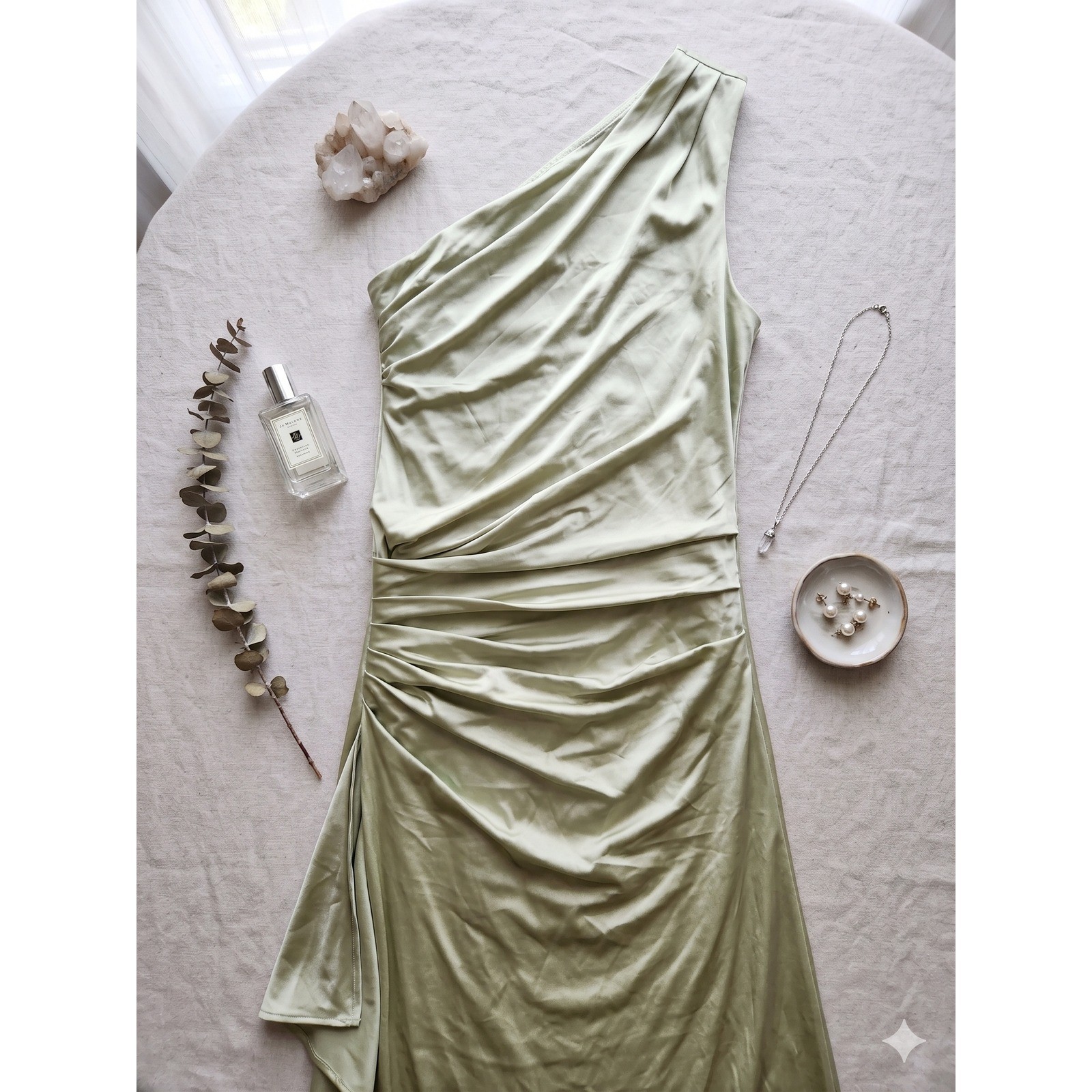 OYS One Shoulder Maxi Dress Women Size S Sage Green NWT Ruched Formal Gown