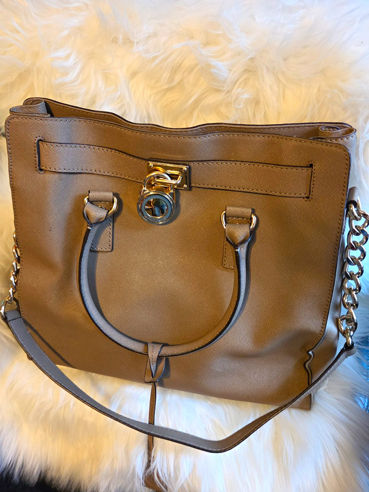 Michael Kors Taupe Satchel Top Handle Bag, Magnetic, Detachable Strap, Gold HW
