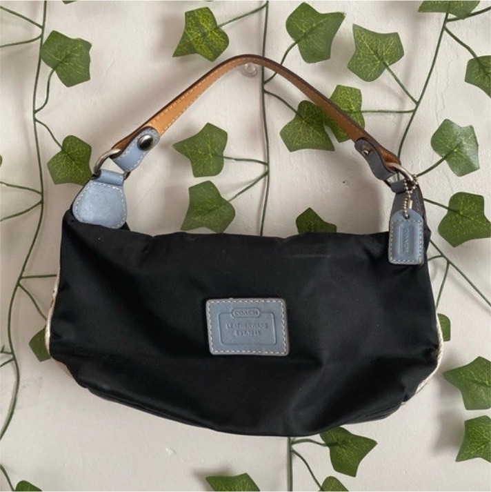 Coach Black Small Crescent Shoulder Bag Zip Closure Blue Strap Bag Charm