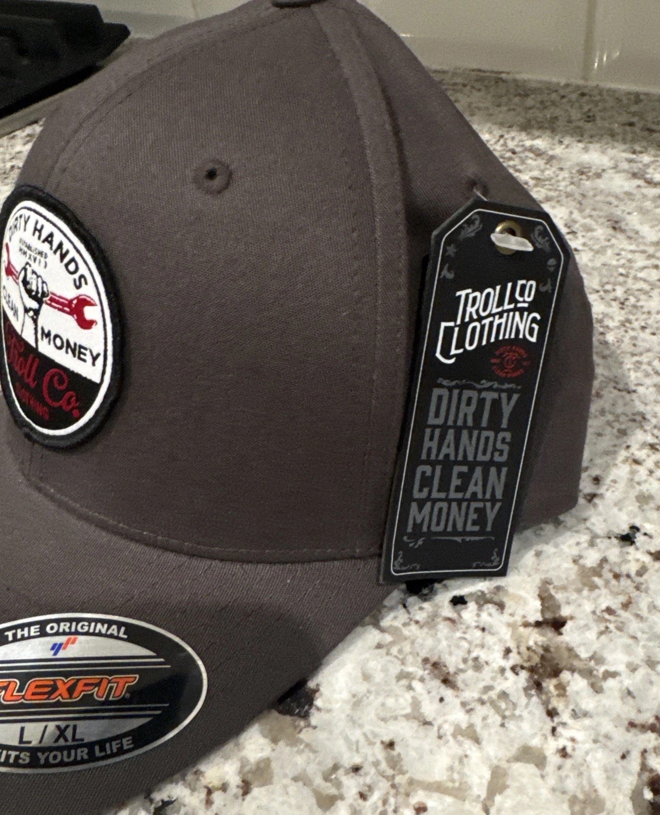 Dirty Hands Clean Money Flex Fit Fitted Hat Cap Gray Troll Co L/XL